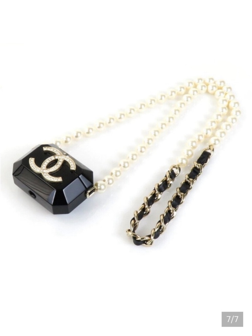 Black Chanel CC Resin and Pearl Airpods Case Necklace